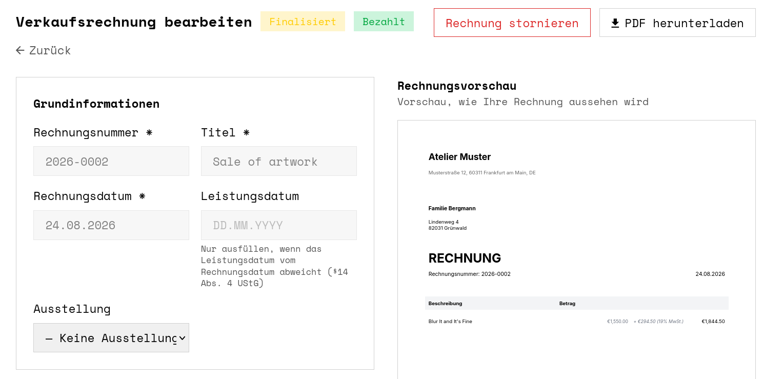 Der Rechnungseditor in COTO: Formular links, Live-Vorschau des fertigen Rechnungs-PDFs rechts.