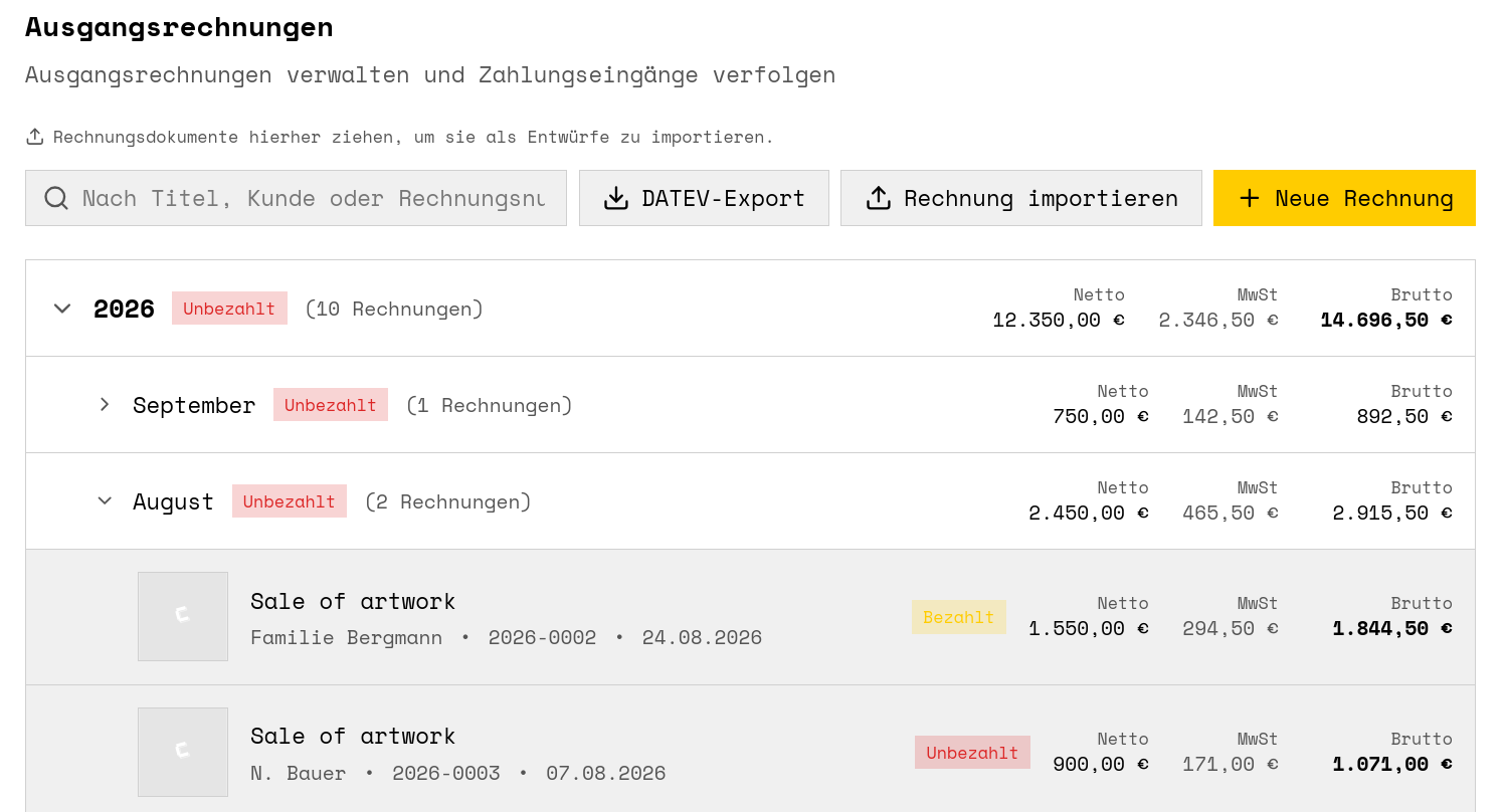 Die Ausgangsrechnungen in COTO, nach Jahr und Monat gruppiert, mit Netto-, MwSt- und Bruttosummen.
