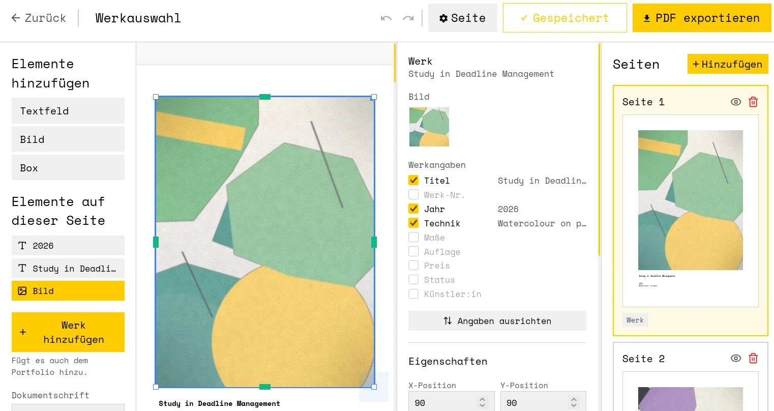 Der PDF-Editor von COTO: Seitenlayout mit ausgewähltem Bildelement, Werkangaben und Seitenliste.