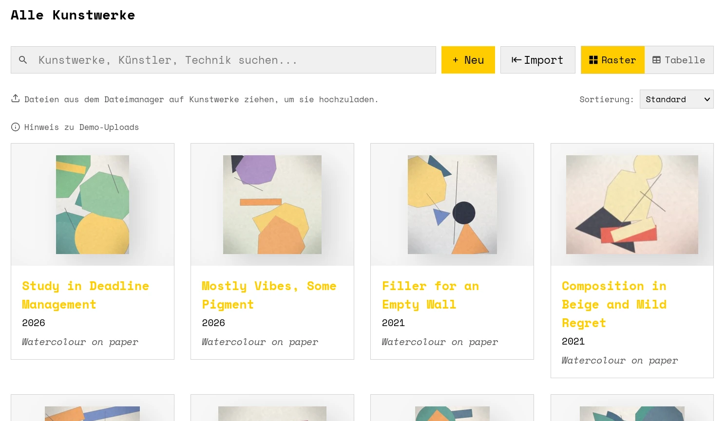 Der Werkkatalog in COTO: alle Kunstwerke als Raster mit Vorschaubild, Titel, Jahr und Technik.